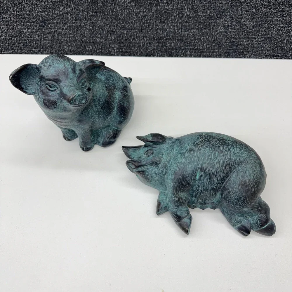 Vintage Style Verdigris Faux Bronze Pig Figurines Set‎ of 2 Farmhouse Decor Teal